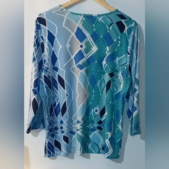 Allison Daley Large Blue Teal Abstract Geometric Blouse 3/4 Sleeve Knit Top L - Picture 5 of 7